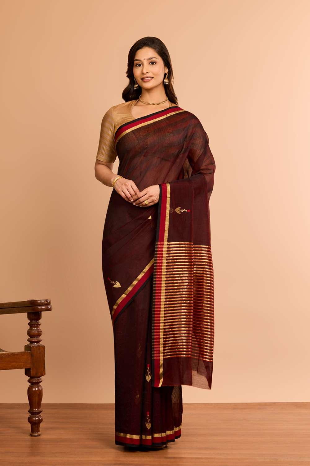 Dark Red Eknaliya Pure Silk Cotton Chanderi Saree image number null