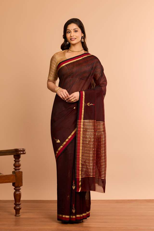 Dark Red Eknaliya Pure Silk Cotton Chanderi Saree thumbnail image number null