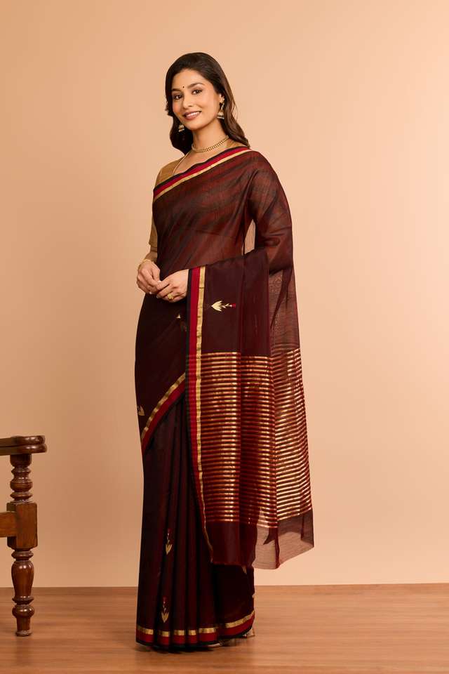 Dark Red Eknaliya Pure Silk Cotton Chanderi Saree thumbnail image number null