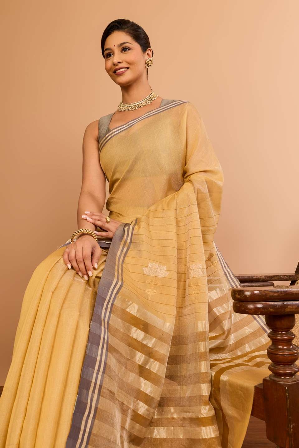 Beige Tissue Chanderi Woven Saree