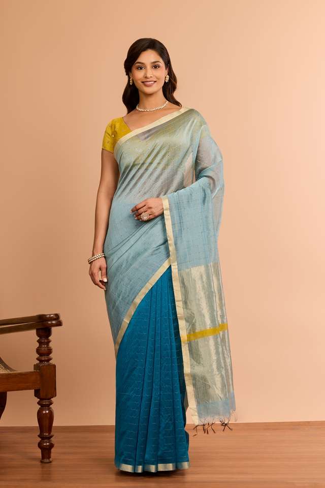Blue Woven Pure Silk Cotton Maheshwari Saree thumbnail image number null