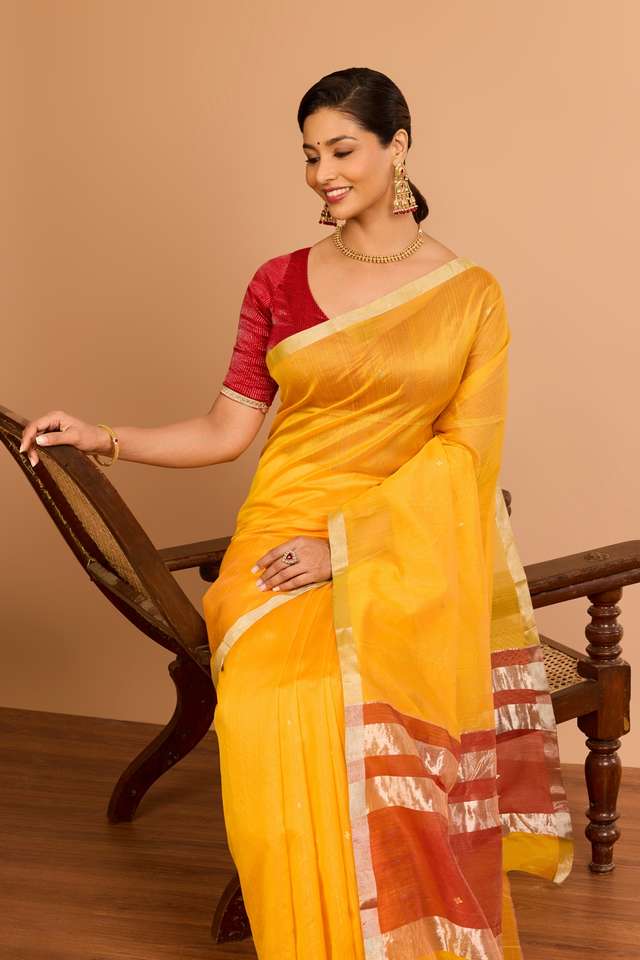 Yellow Silk Cotton Chanderi Woven Saree image number