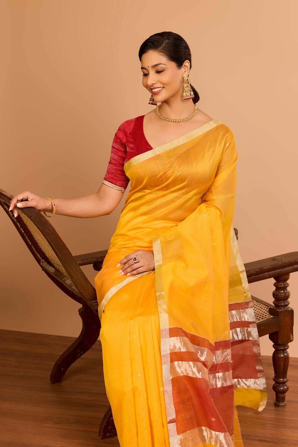 Yellow Silk Cotton Chanderi Woven Saree