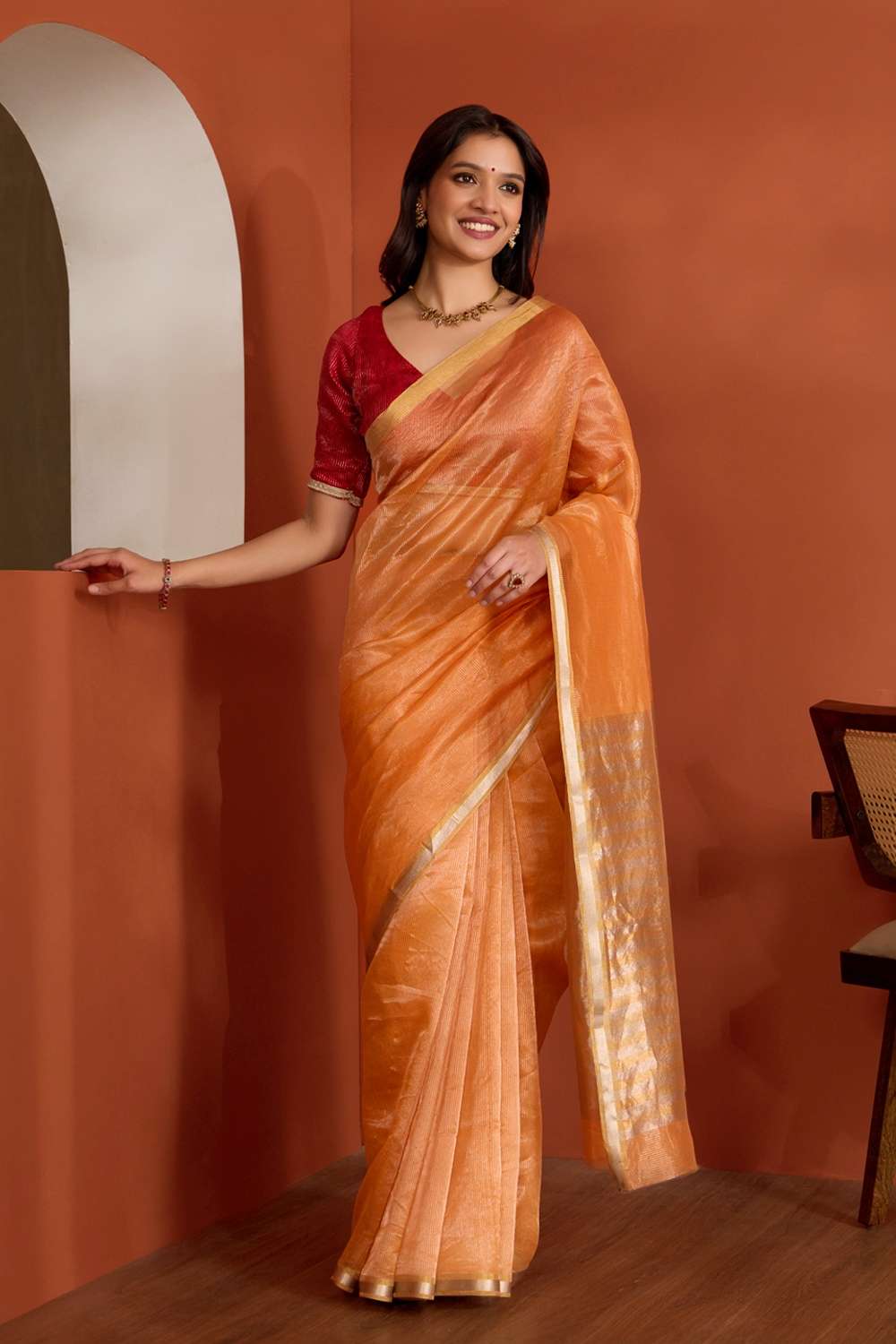 Orange Pure Silk Tissue Chanderi Woven Saree image number null