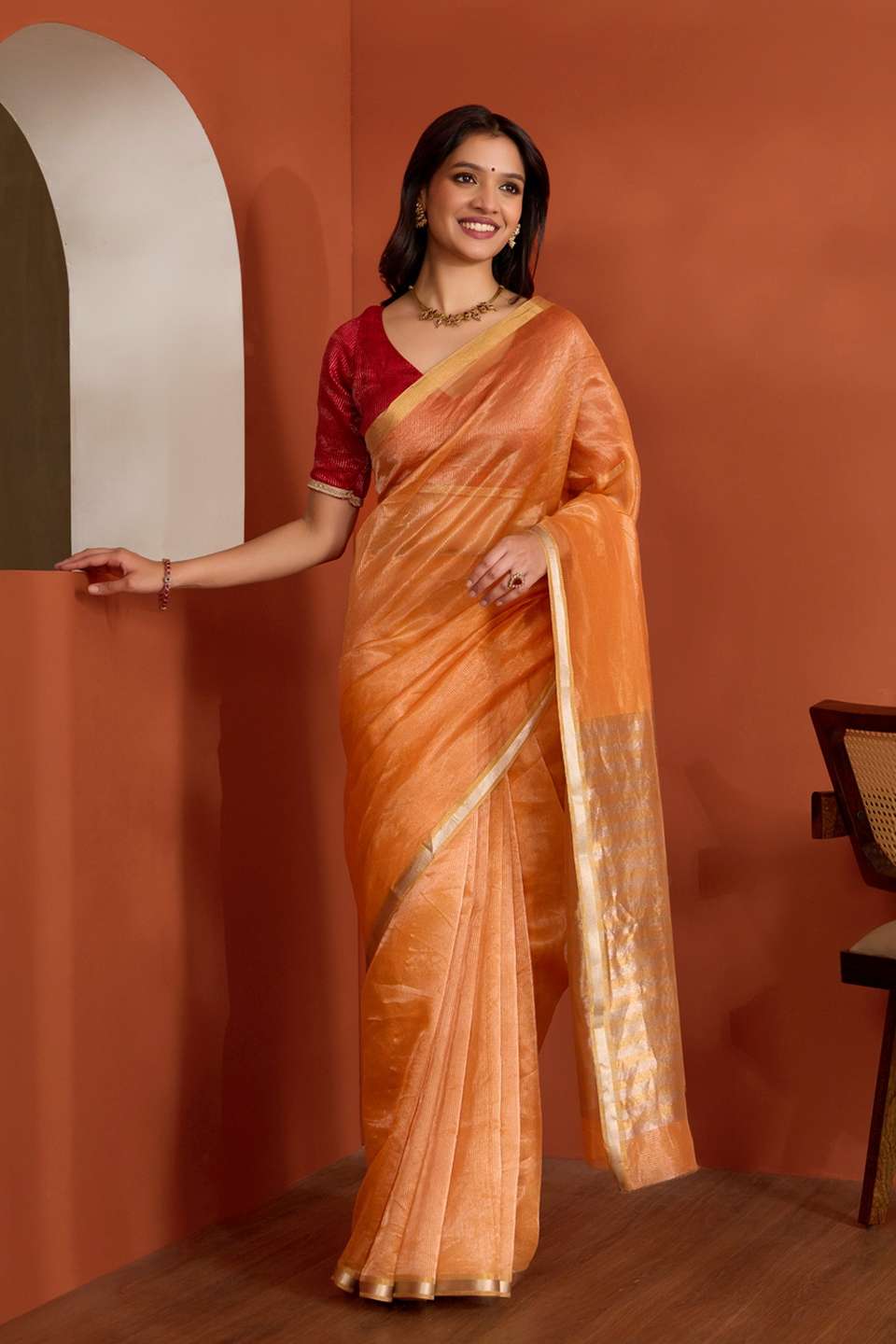 Orange Pure Silk Tissue Chanderi Woven Saree