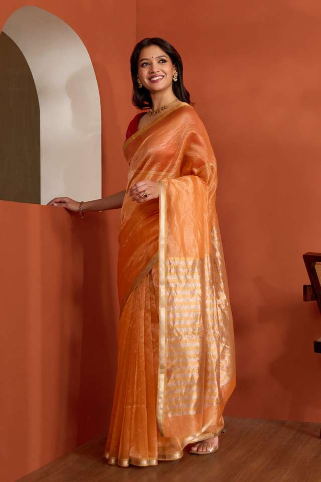 Orange Pure Silk Tissue Chanderi Woven Saree thumbnail image number null