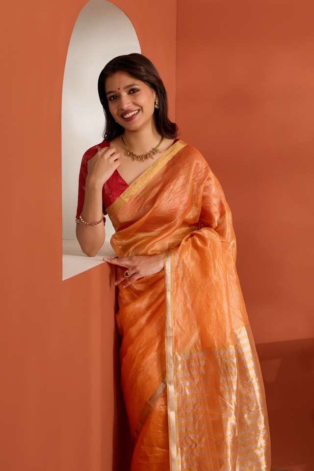 Orange Pure Silk Tissue Chanderi Woven Saree thumbnail image number null