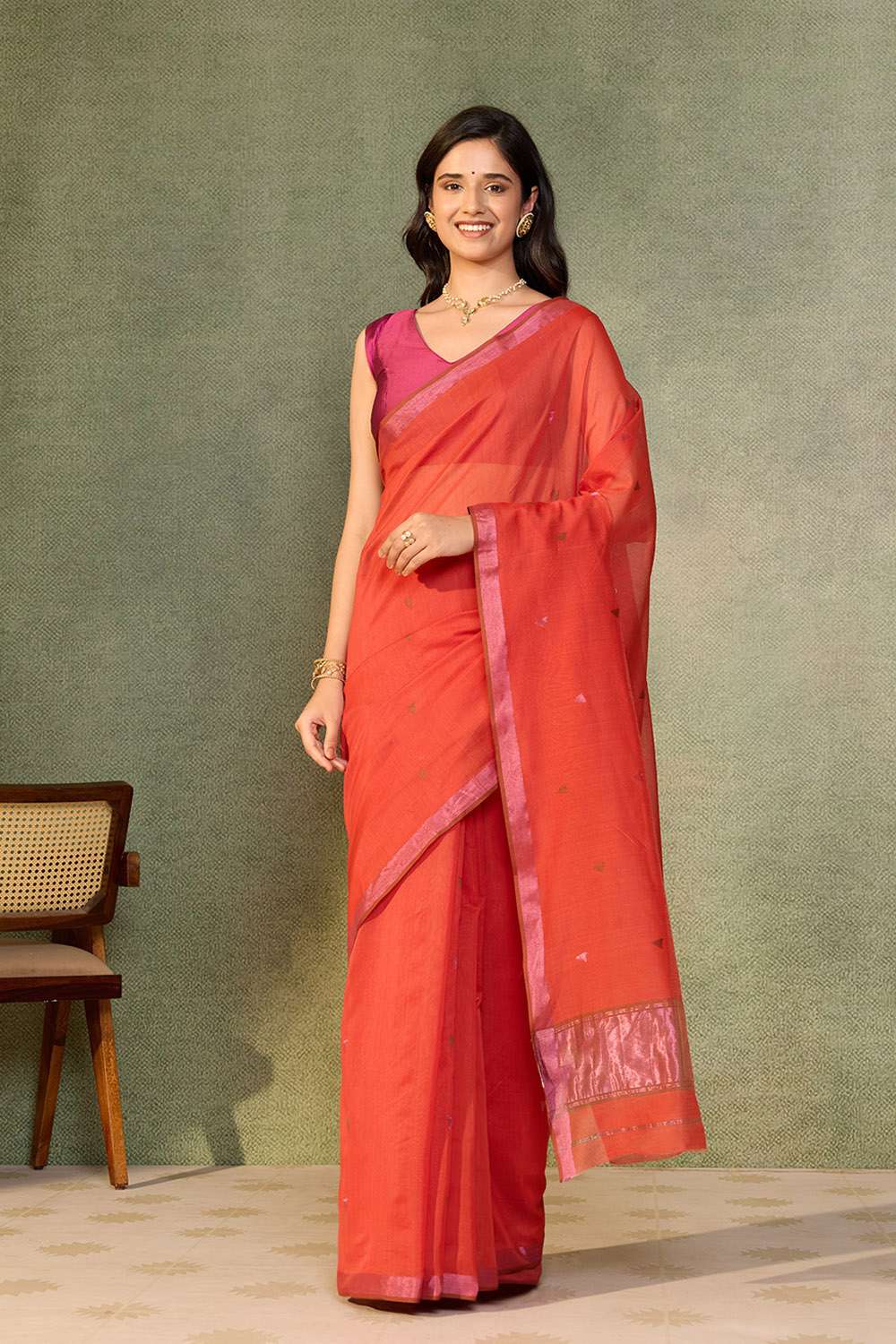Dark Orange Woven Pure Silk Cotton Chanderi Saree image number null