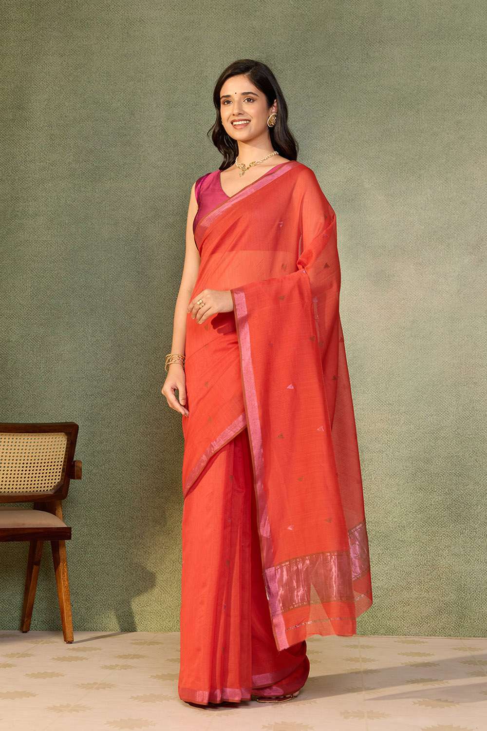 Dark Orange Woven Pure Silk Cotton Chanderi Saree image number null