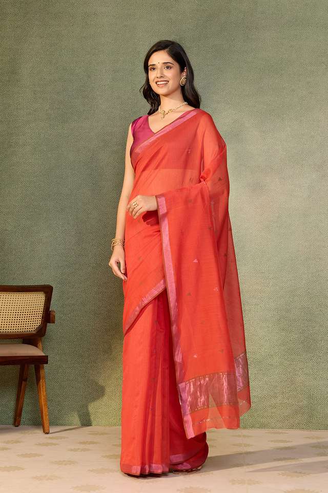 Dark Orange Woven Pure Silk Cotton Chanderi Saree thumbnail image number null