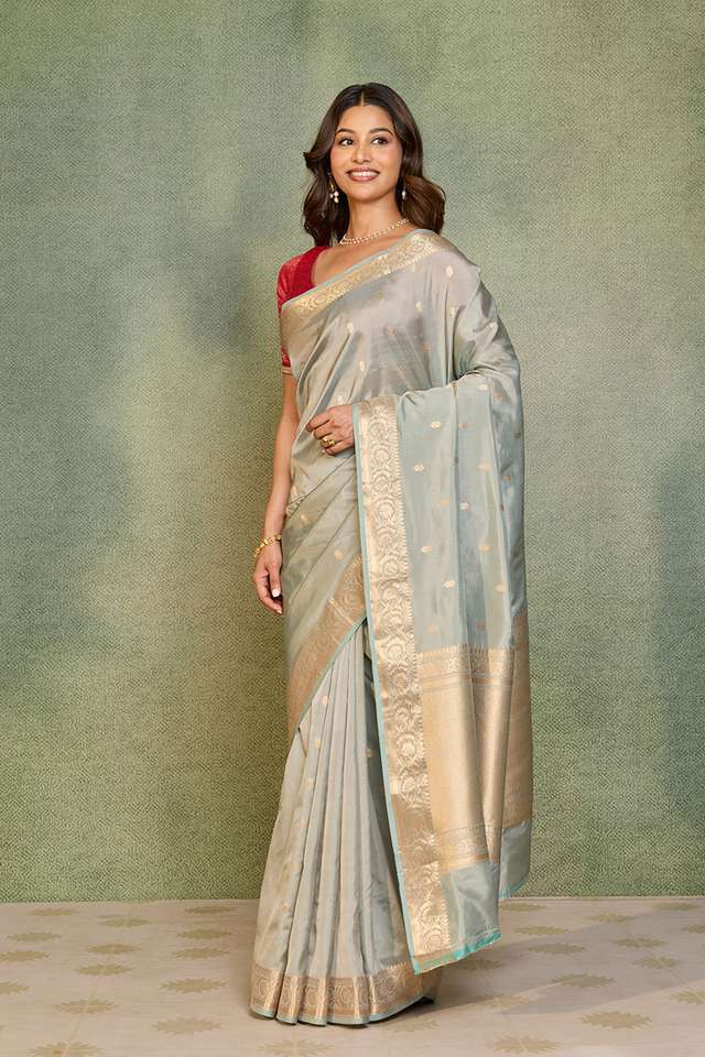 Grey Silk Viscose Cutwork Banarasi Saree thumbnail image number null