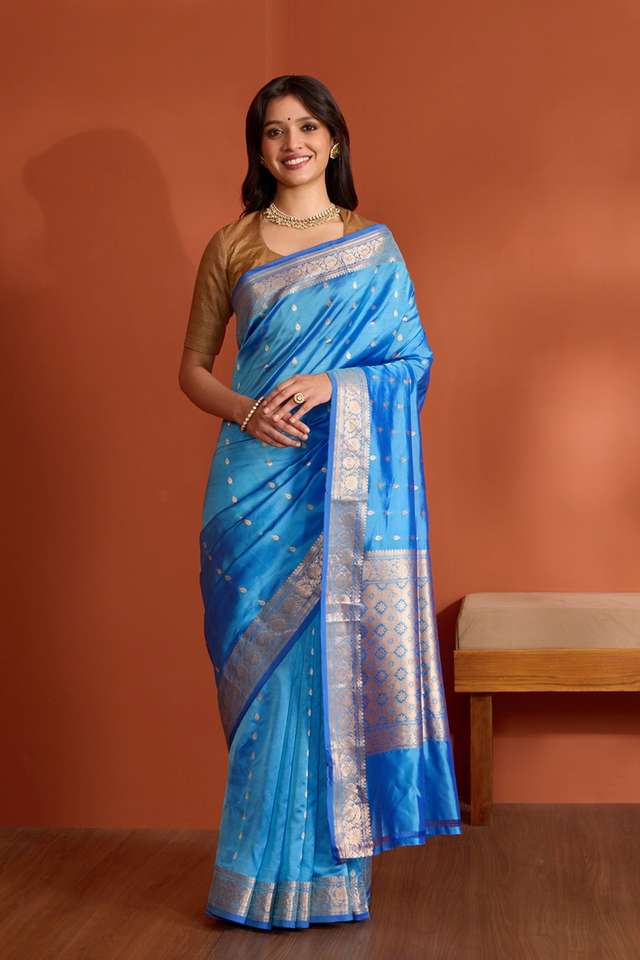 Blue Silk Viscose Banaras Cutwork Saree thumbnail image number null