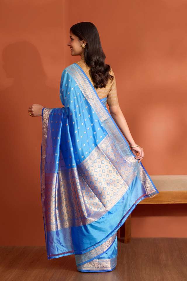 Blue Silk Viscose Banaras Cutwork Saree thumbnail image number null