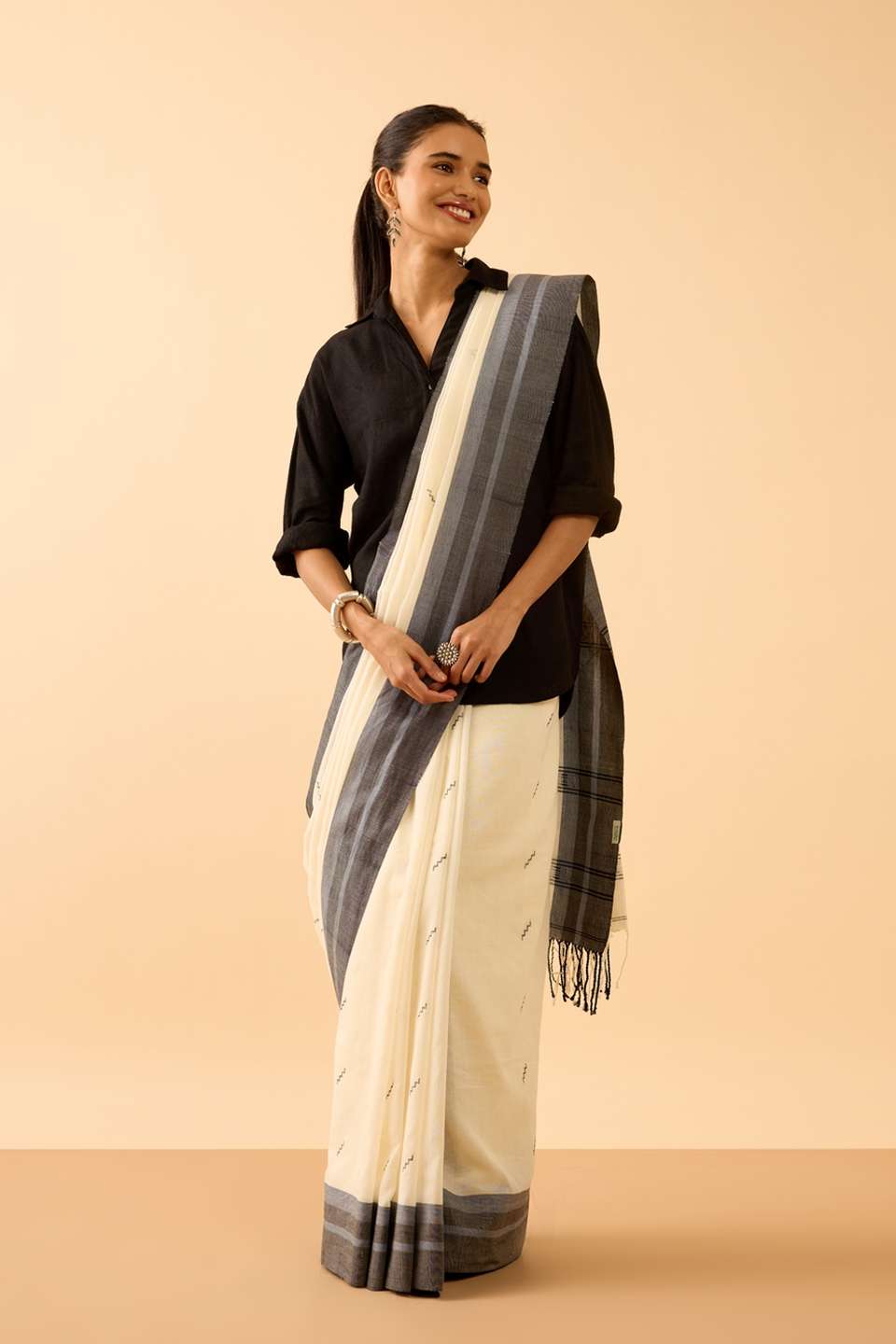Off White Woven Pure Cotton Bengal Saree