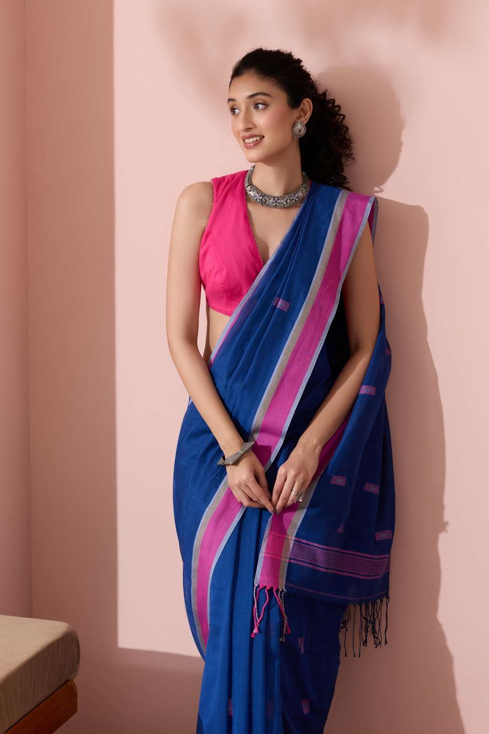 Dark Blue Woven Pure Cotton Bengal Saree image number null