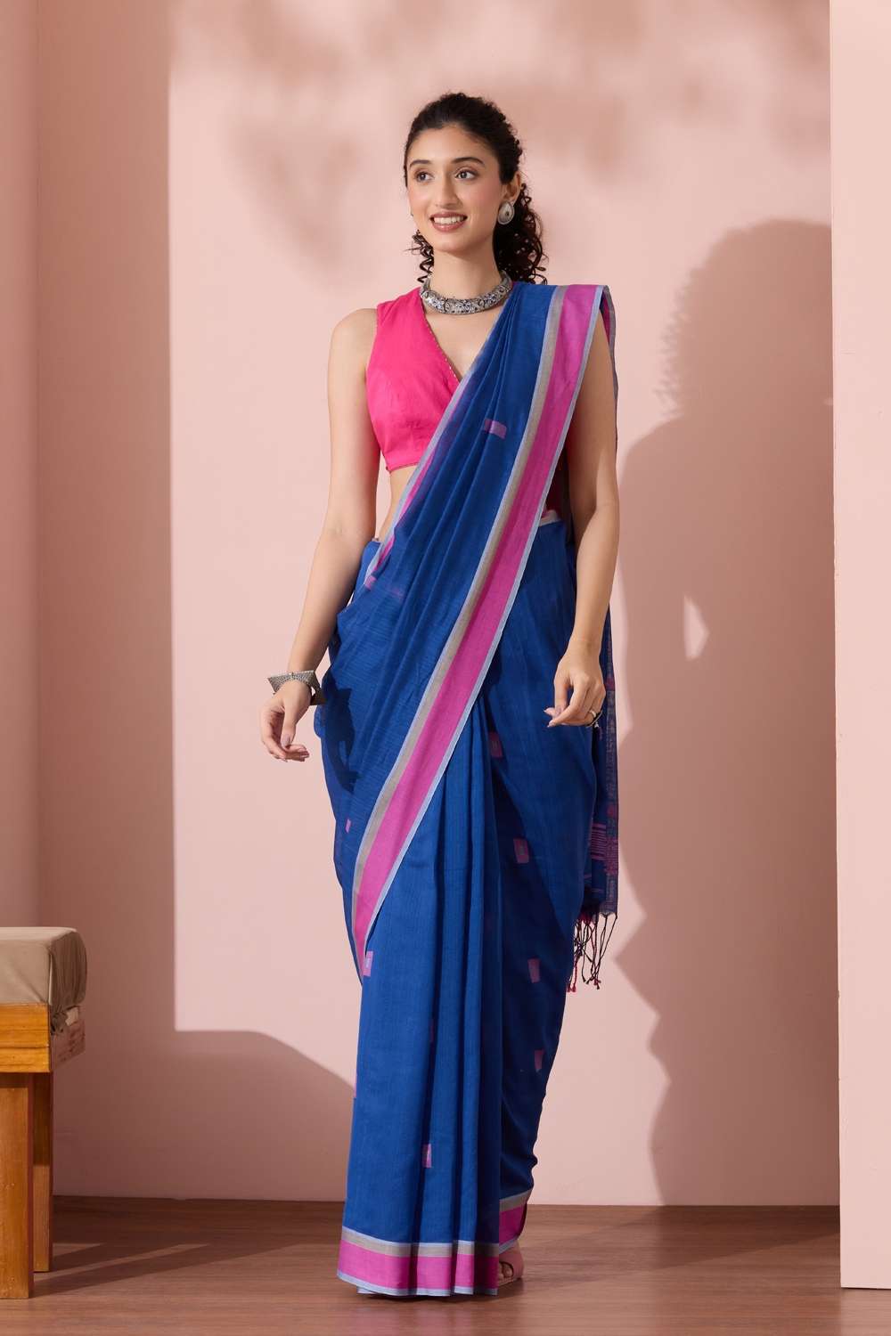 Dark Blue Woven Pure Cotton Bengal Saree image number null