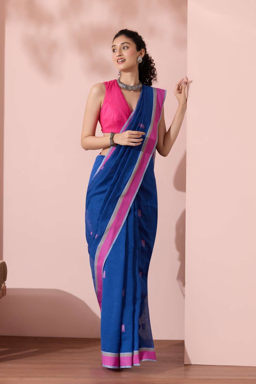 Dark Blue Woven Pure Cotton Bengal Saree image number null