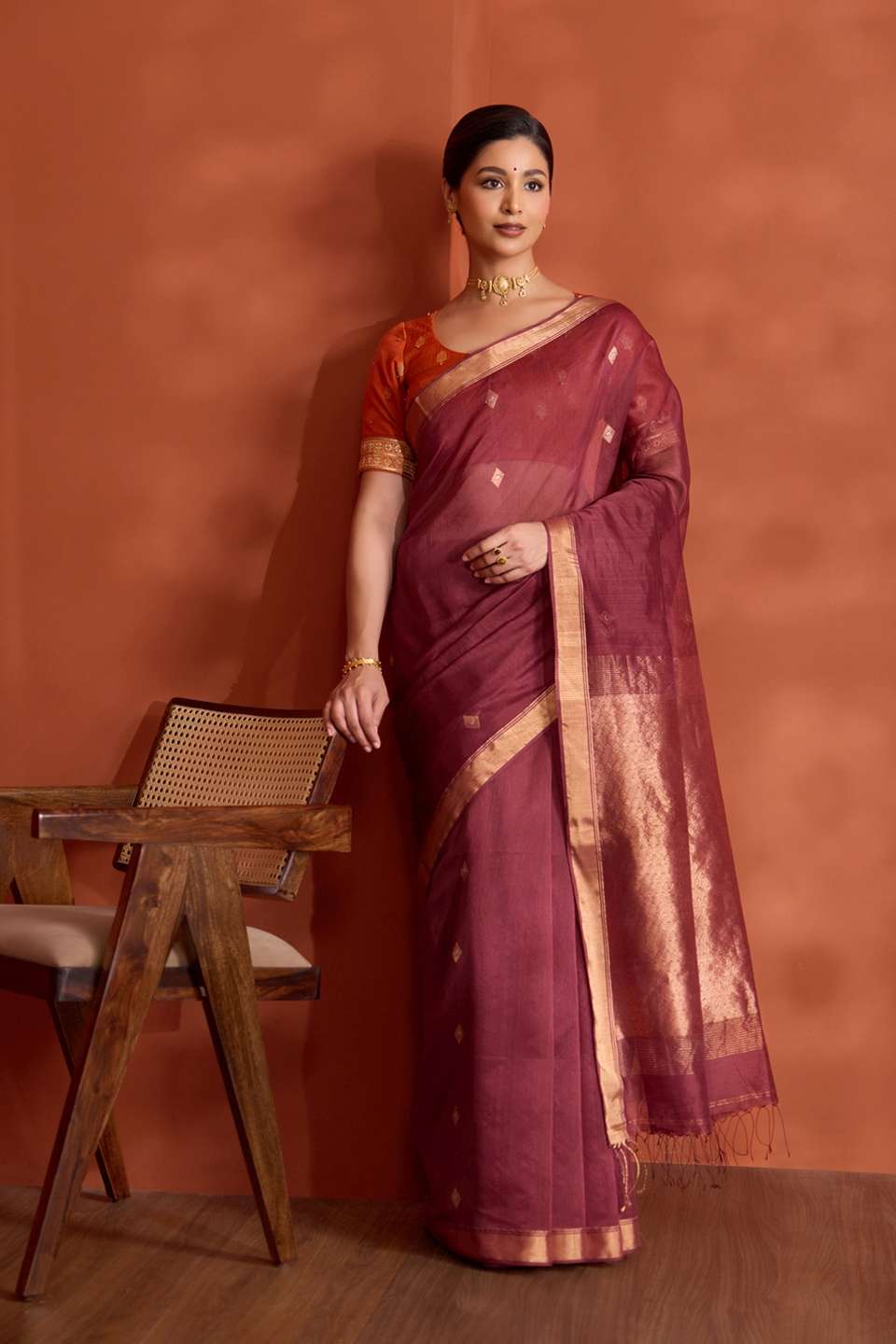 Dark Red Woven Pure Silk Cotton Bengal Saree