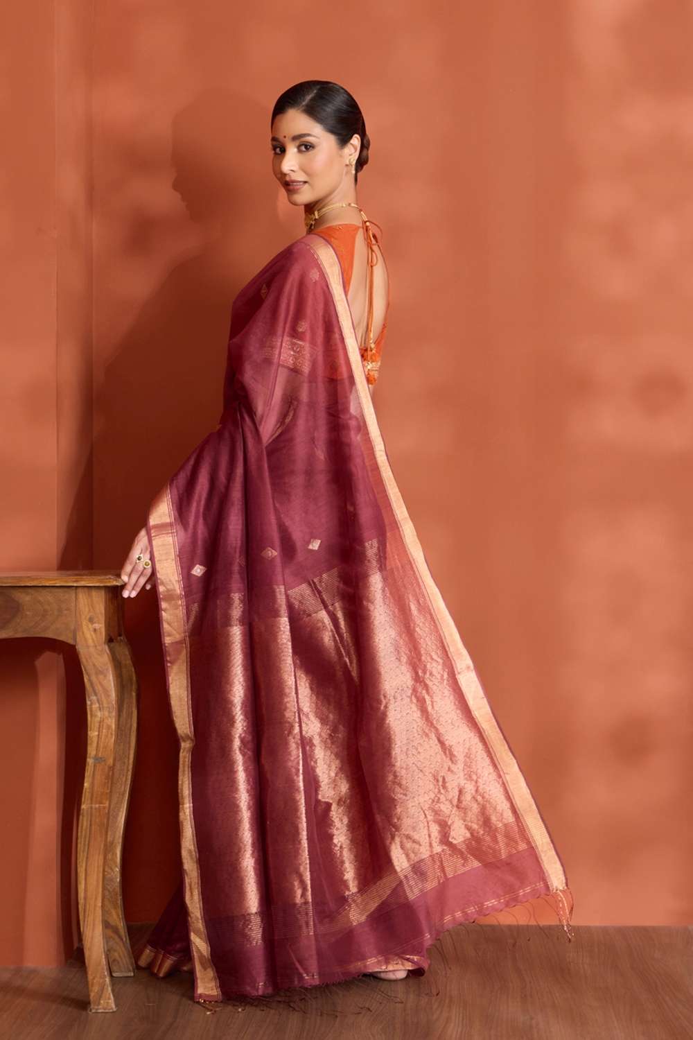 Dark Red Woven Pure Silk Cotton Bengal Saree image number null