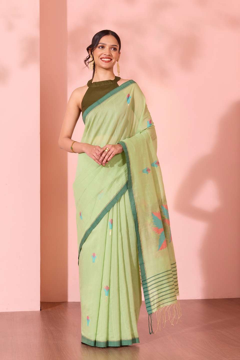 Light Green Bengal Pure Silk Cotton Jamdani Saree