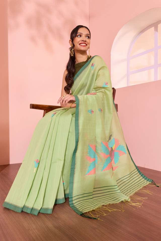 Light Green Bengal Pure Silk Cotton Jamdani Saree thumbnail image number null