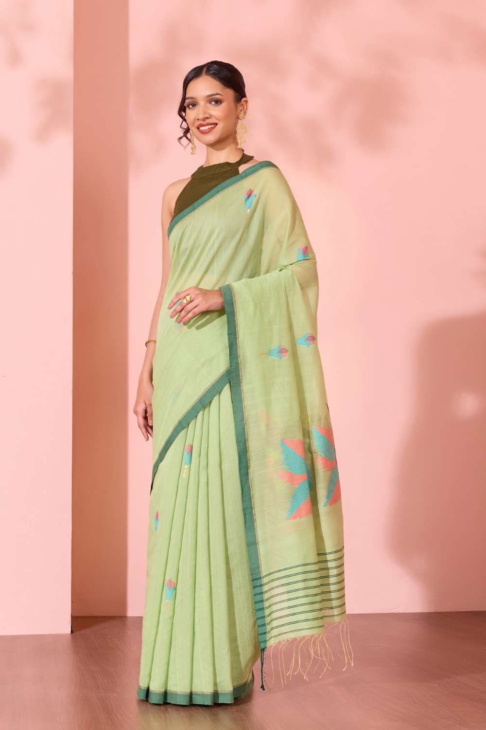 Light Green Bengal Pure Silk Cotton Jamdani Saree image number null