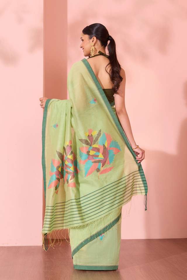 Light Green Bengal Pure Silk Cotton Jamdani Saree thumbnail image number null