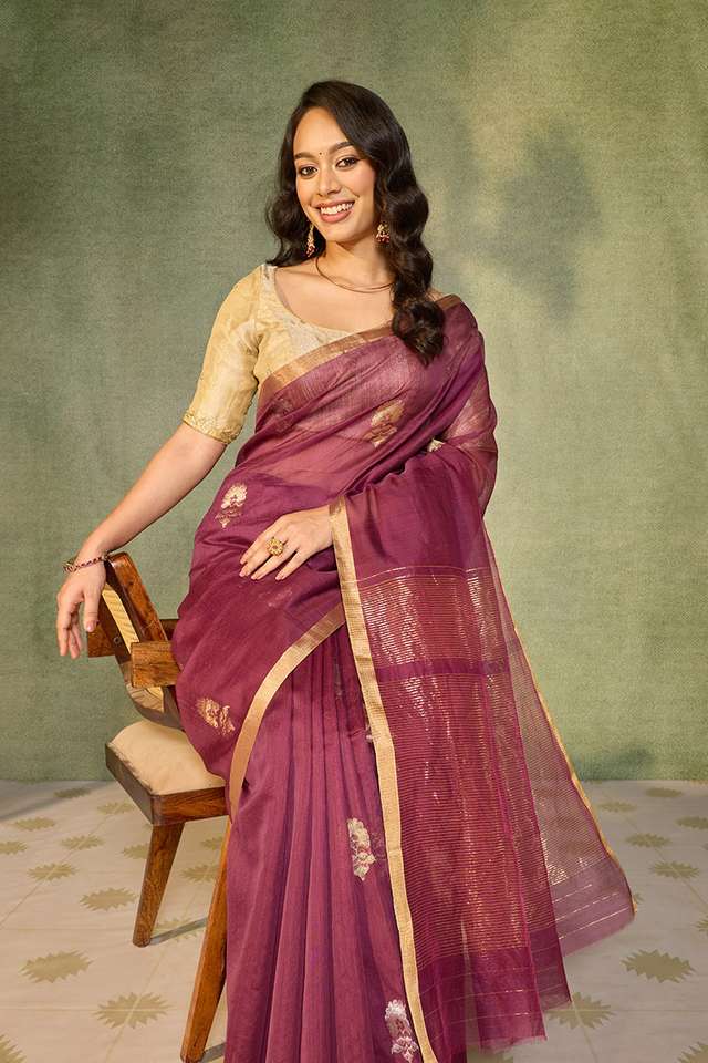 Purple Woven Pure Silk Cotton Chanderi Saree image number