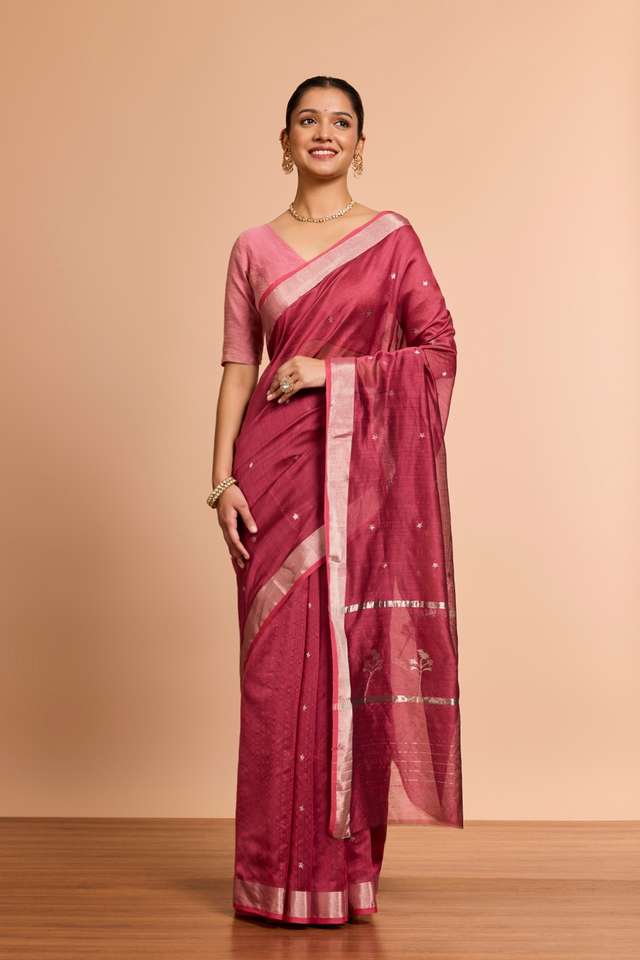 Red Eknaliya Pure Silk Cotton Chanderi Saree thumbnail image number null