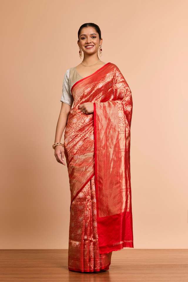 Red Pure Silk Cutwork Banaras Saree thumbnail image number null
