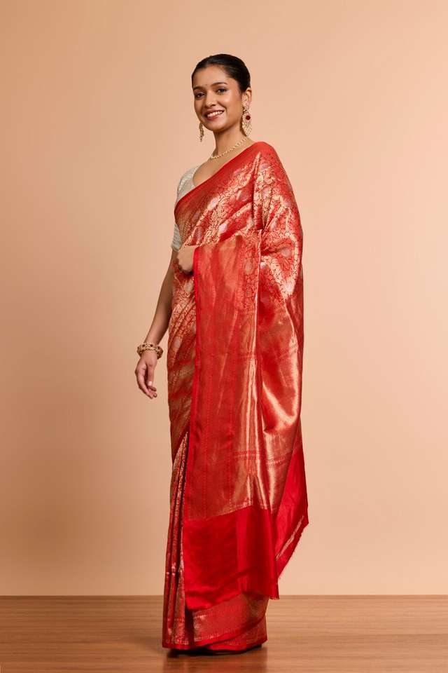 Red Pure Silk Cutwork Banaras Saree thumbnail image number null