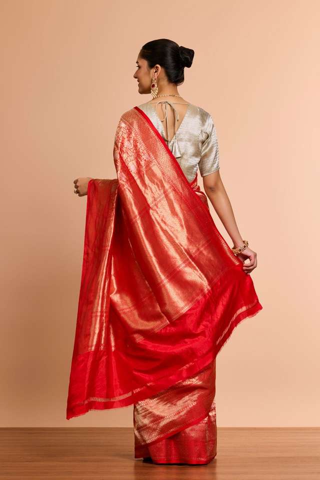 Red Pure Silk Cutwork Banaras Saree thumbnail image number null