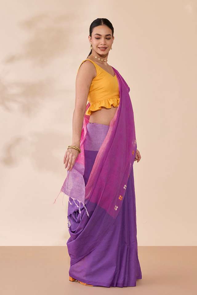 Purple Woven Pure Cotton Bengal Saree thumbnail image number null