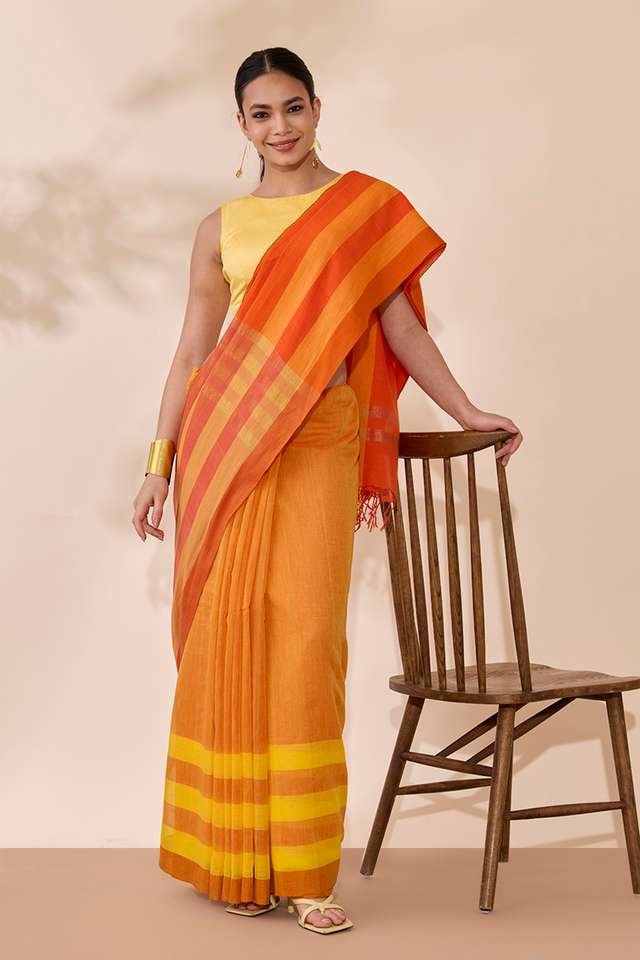 Light Orange Woven Pure Cotton Bengal Saree image number
