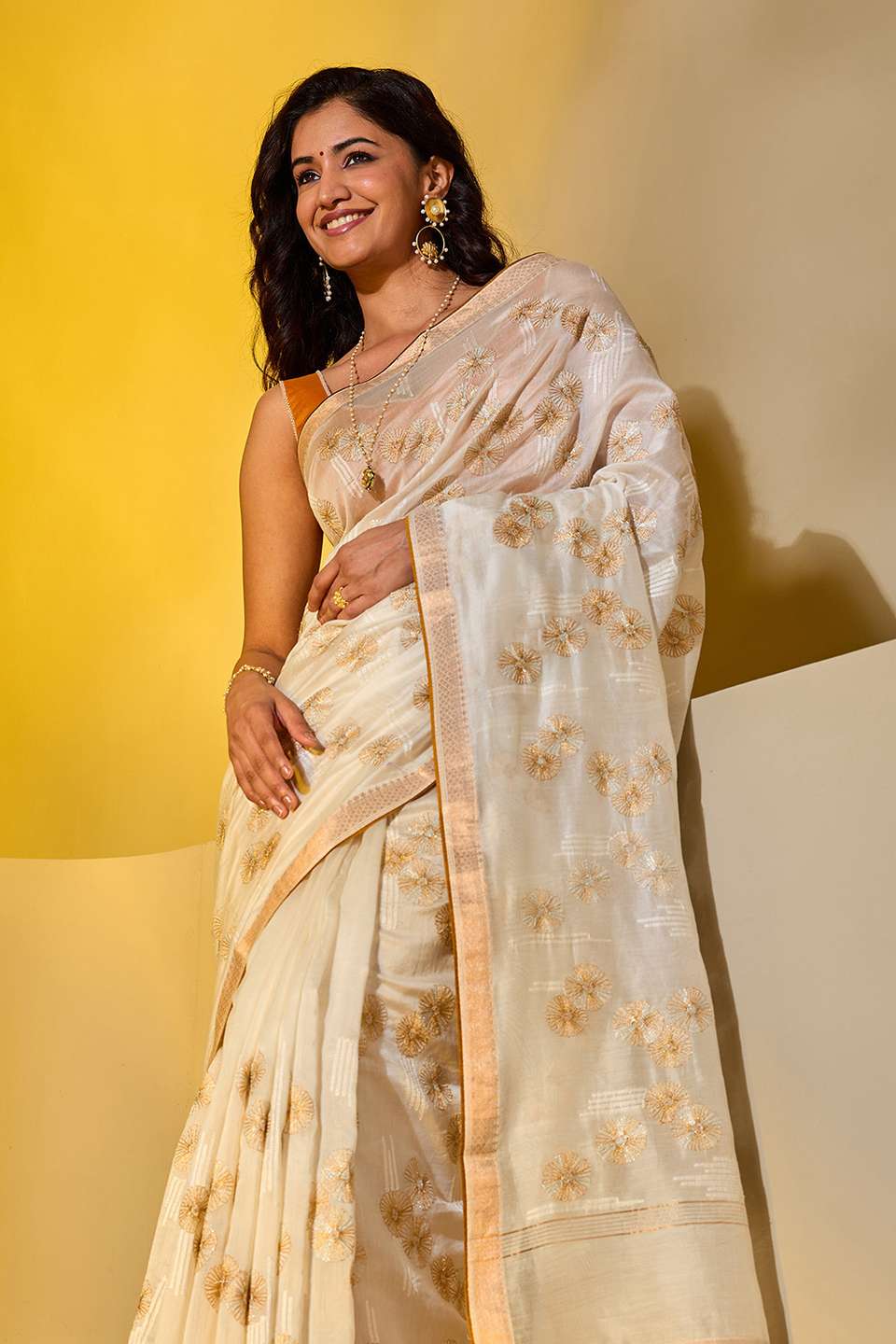 Off White Pure Silk Cotton Embroidered Saree