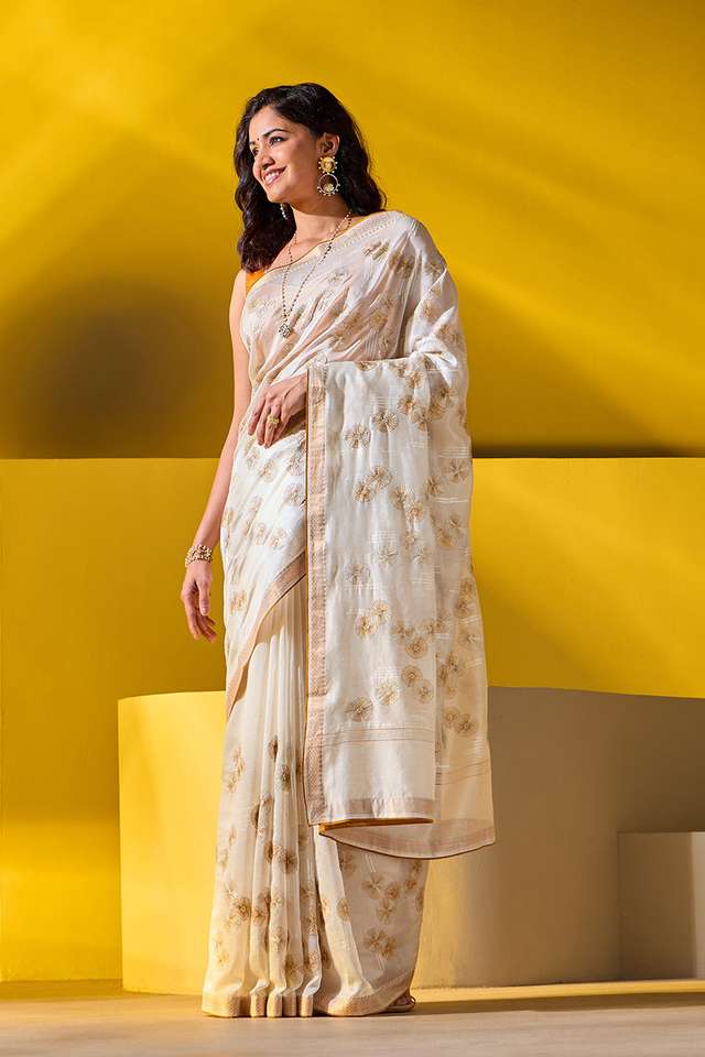 Off White Pure Silk Cotton Embroidered Saree thumbnail image number null