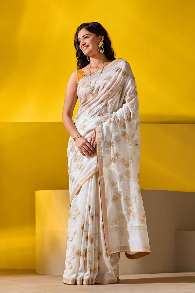 Off White Pure Silk Cotton Embroidered Saree thumbnail image number null