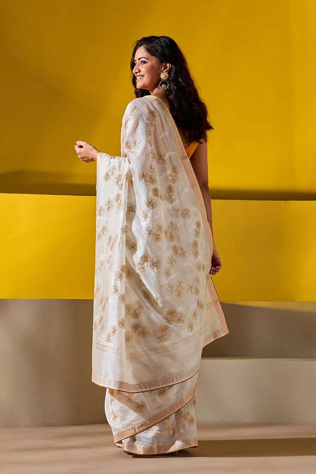 Off White Pure Silk Cotton Embroidered Saree thumbnail image number null