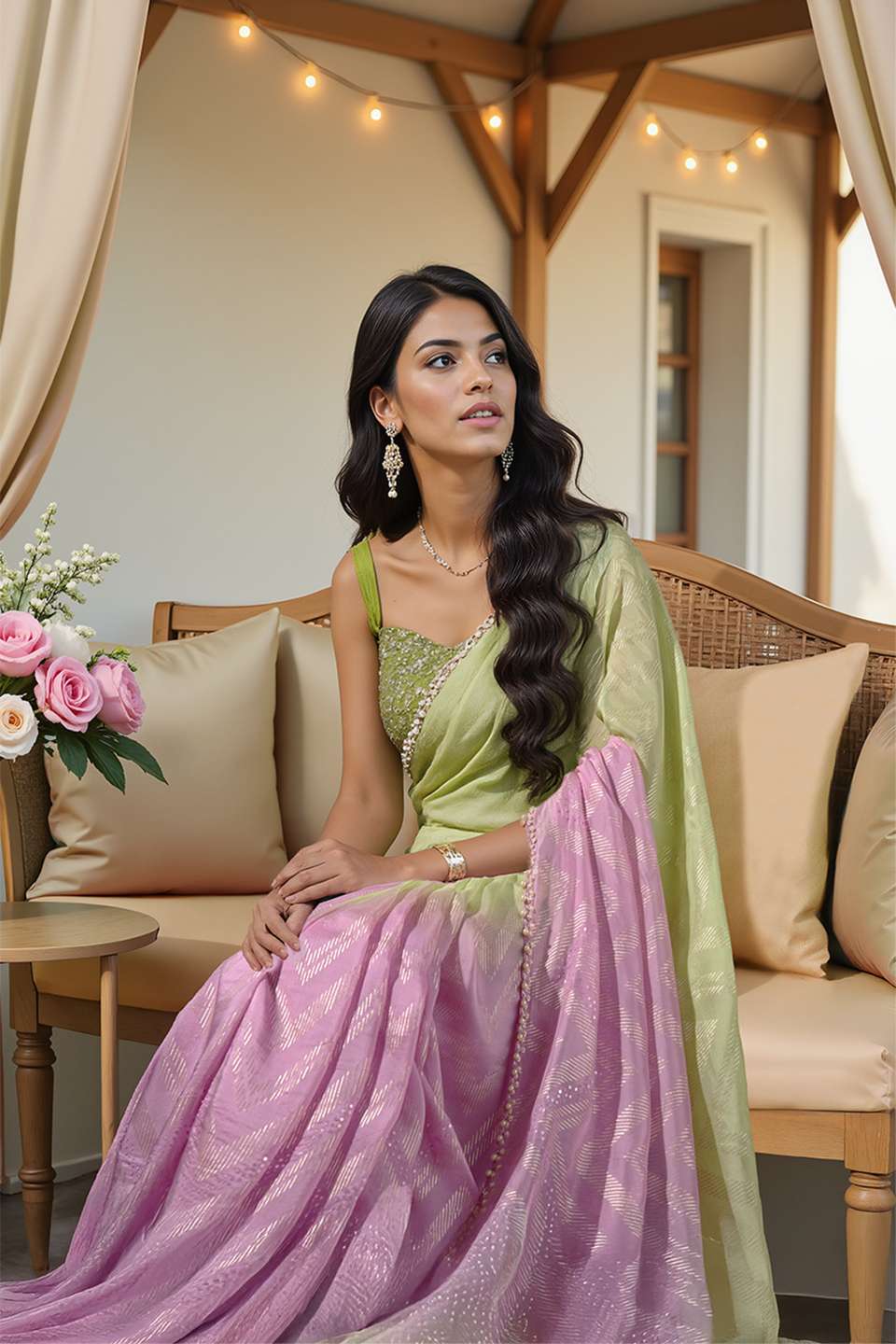 Light Green & Pink Viscose Embroidered Saree