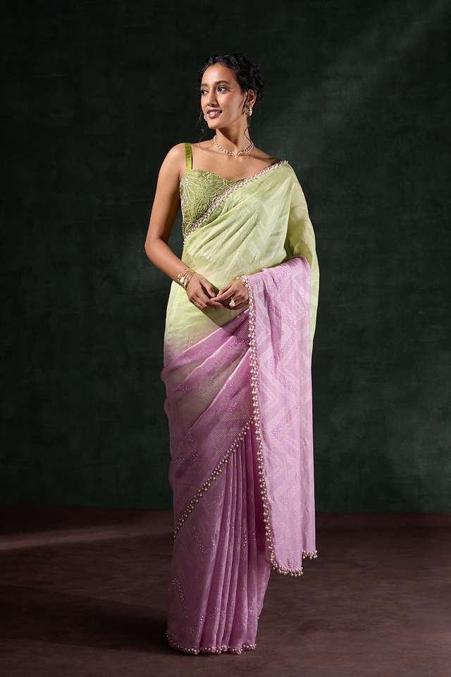 Light Green & Pink Viscose Embroidered Saree thumbnail image number null