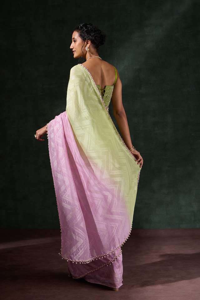 Light Green & Pink Viscose Embroidered Saree thumbnail image number null