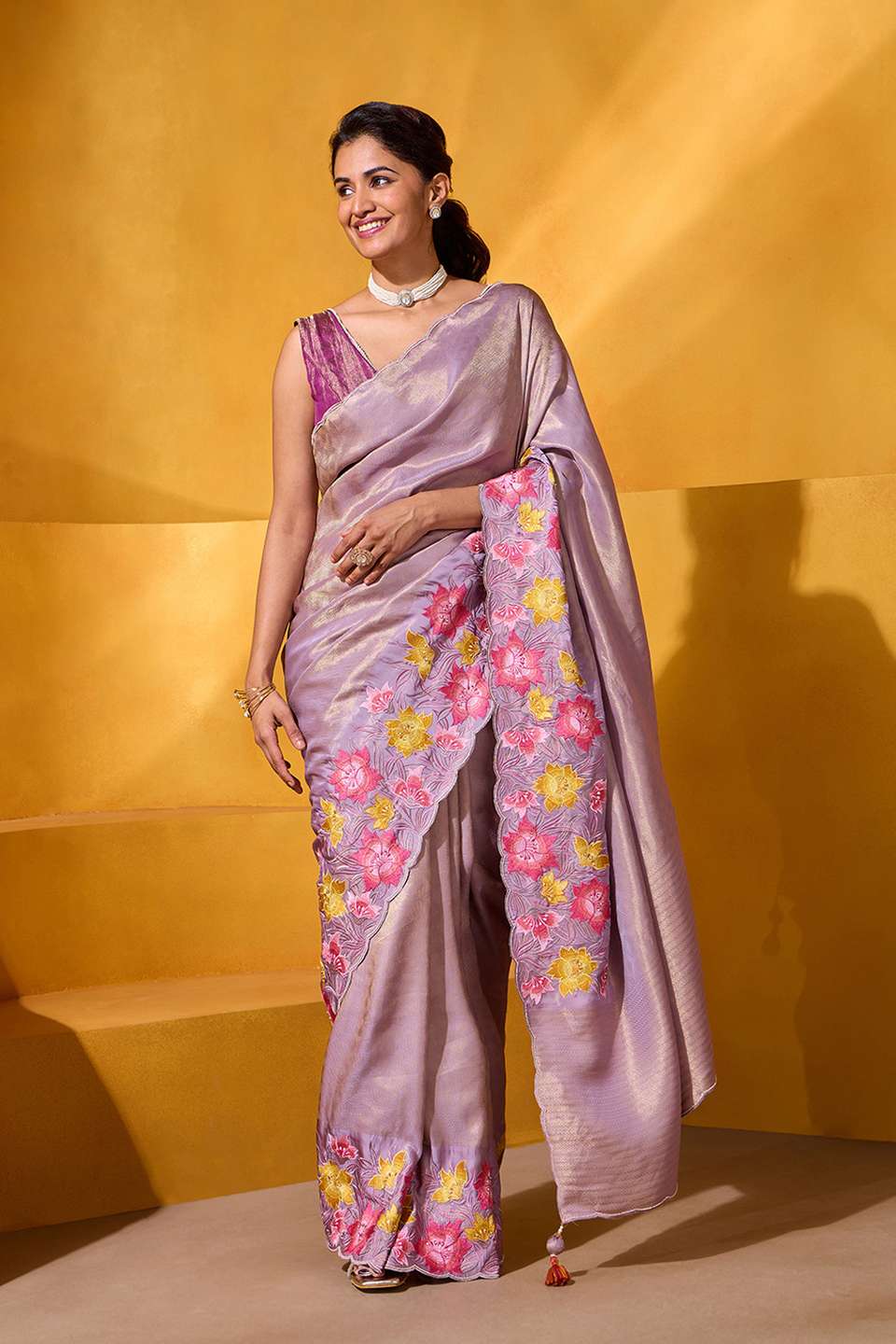 Violet Viscose Tissue Embroidered Saree