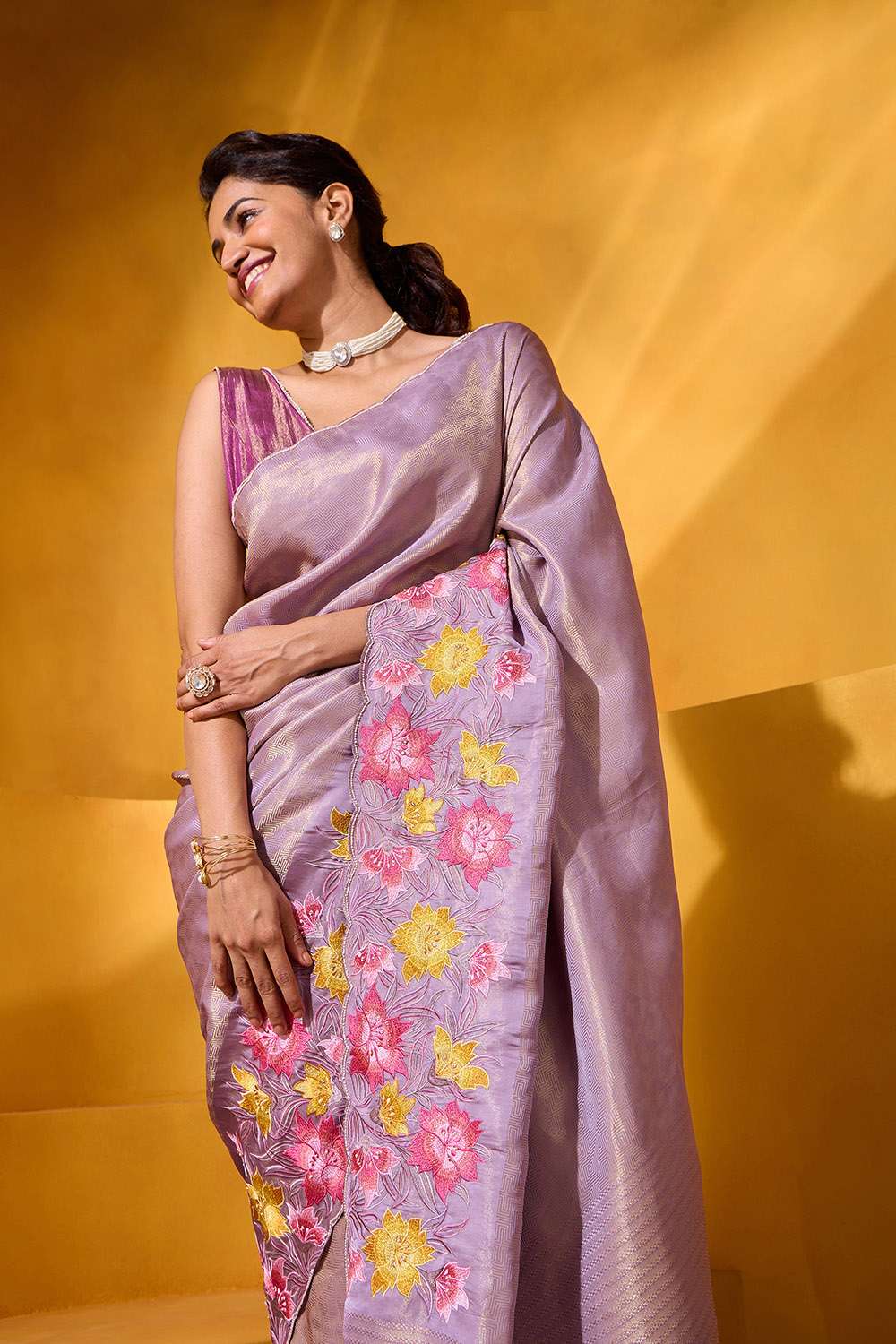 Violet Viscose Tissue Embroidered Saree image number null