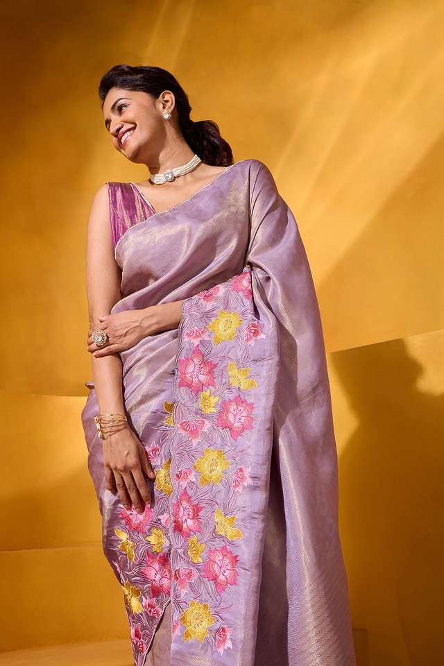 Violet Viscose Tissue Embroidered Saree thumbnail image number null