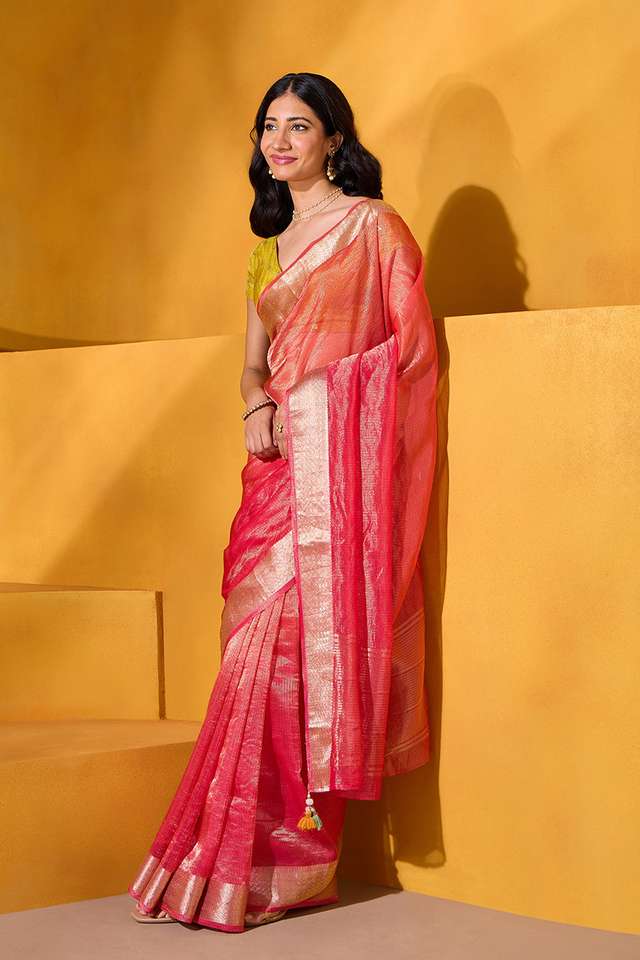 Pink Woven Viscose Tissue Saree thumbnail image number null