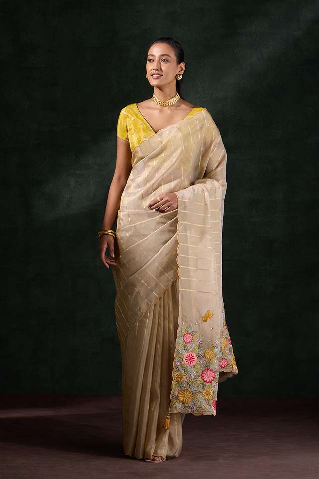 Beige Woven Viscose Tissue Saree thumbnail image number null