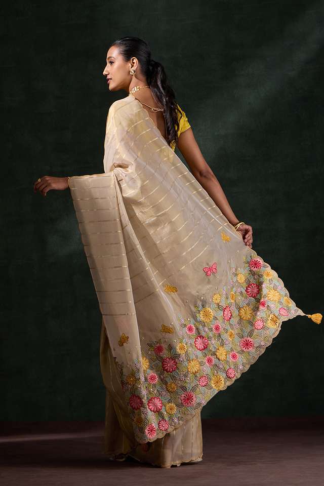 Beige Woven Viscose Tissue Saree thumbnail image number null