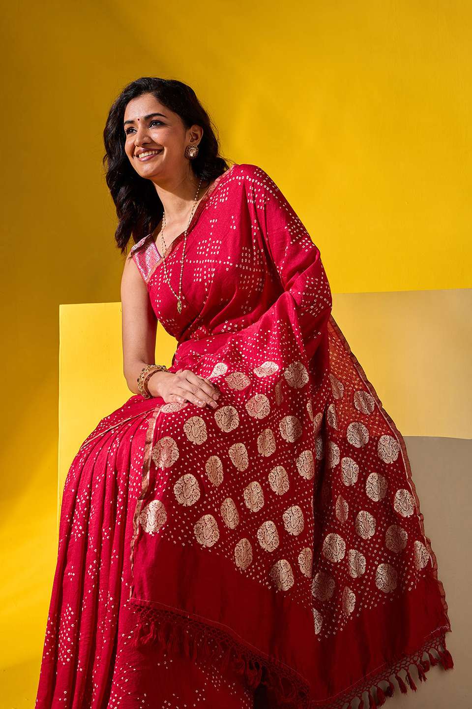 Red Silk Muga Tie and Dye Bandhni Saree