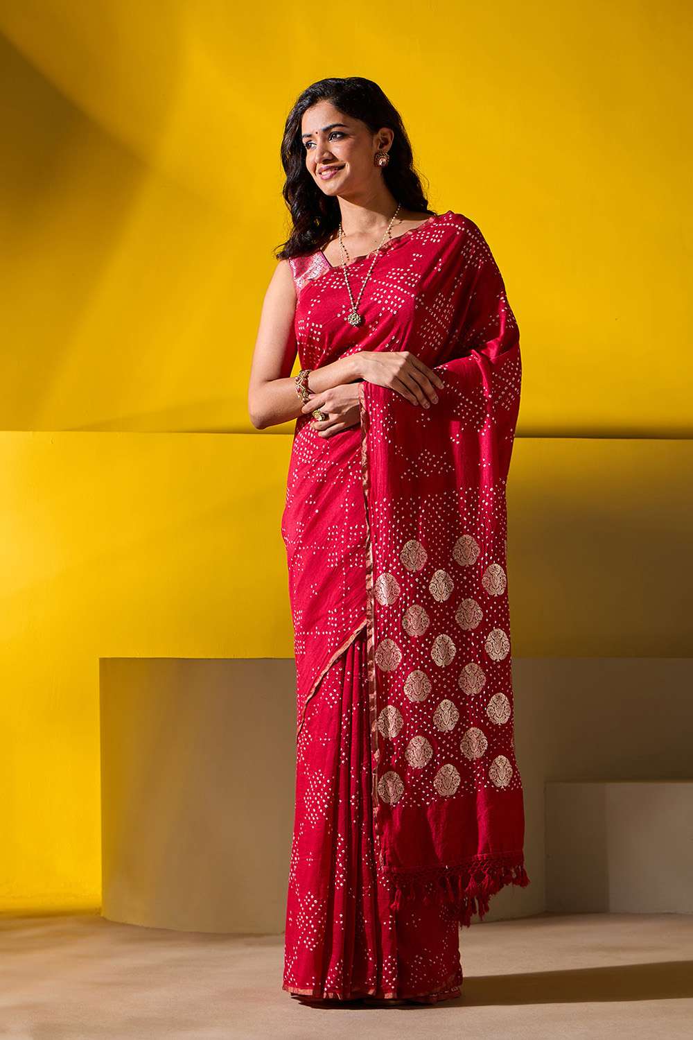 Red Silk Muga Tie and Dye Bandhni Saree image number null