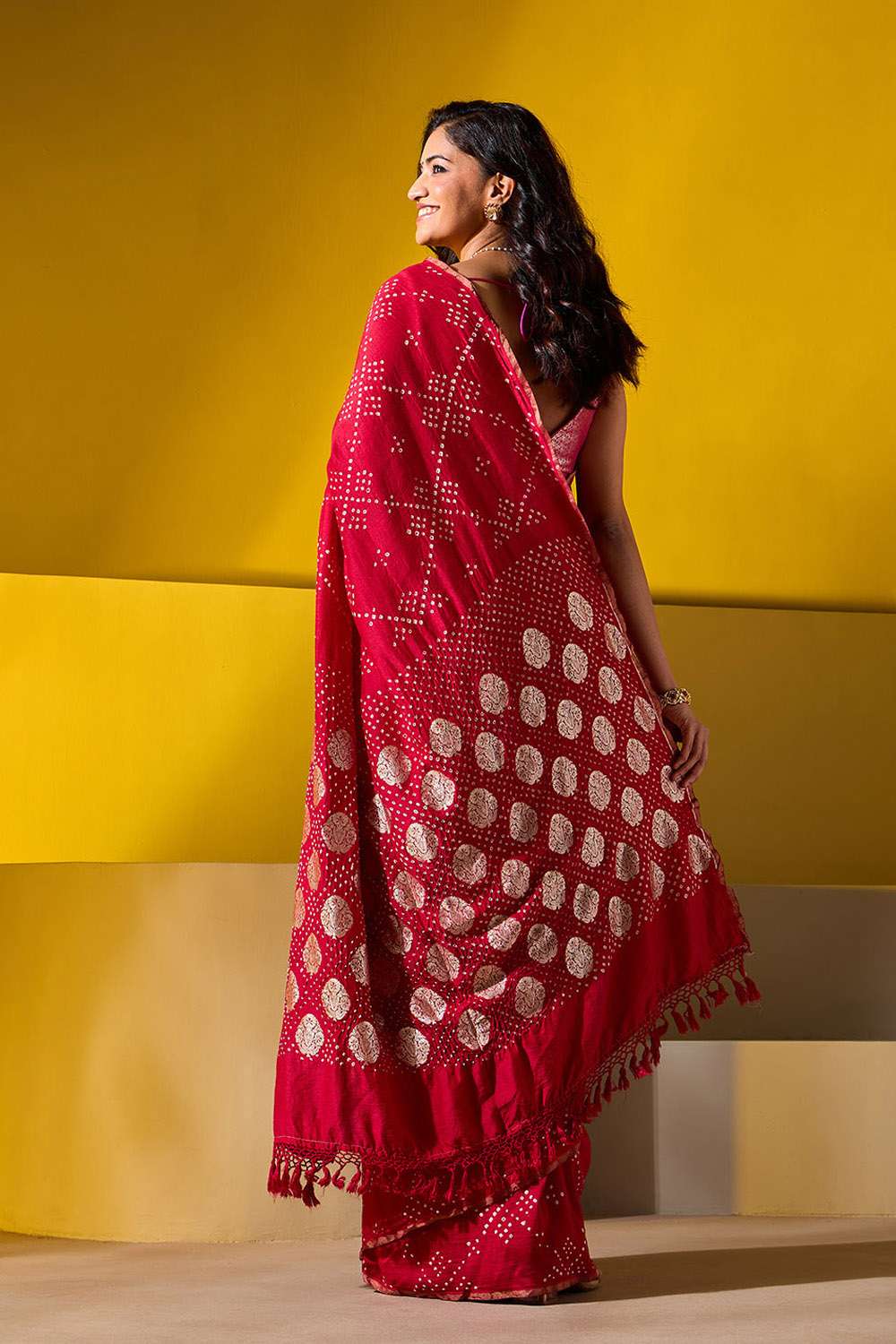 Red Silk Muga Tie and Dye Bandhni Saree image number null